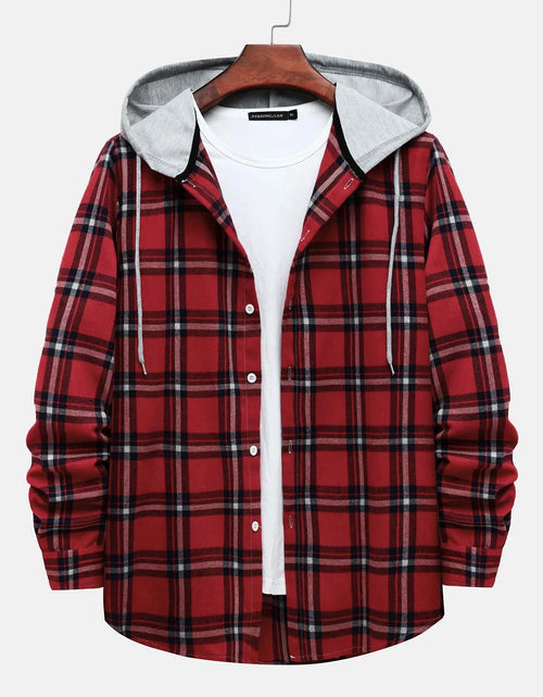 Load image into Gallery viewer, Men'S Casual Plaid Flannel Jacket with Hoodie Lightweight Fall Winter Long Sleeve Button down Plaid Flannel Hooded Shirt Red L

