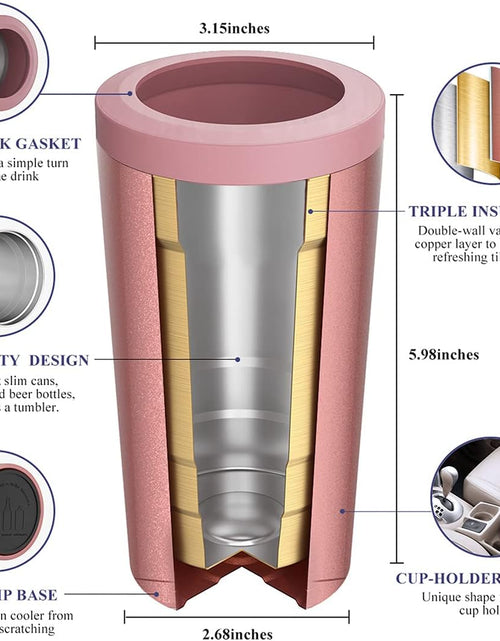 Load image into Gallery viewer, 4 in 1 Insulated Slim Can Cooler for 12 OZ Cans and Beer Bottle - Keep 8 Hours Cold, Easy to Hold - Stainless Steel Can Holder, Double Walled Can Insulator for Hard Seltzer and More (Rose Gold)
