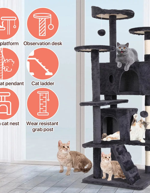 Load image into Gallery viewer, 54-In Double Condo Cat Tree Tower Playhouse with Scratching Post &amp; Perch for Indoor, Light Gray
