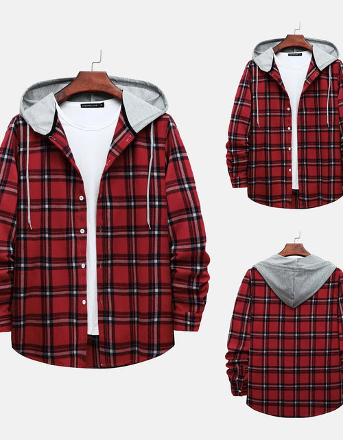 Load image into Gallery viewer, Men'S Casual Plaid Flannel Jacket with Hoodie Lightweight Fall Winter Long Sleeve Button down Plaid Flannel Hooded Shirt Red L
