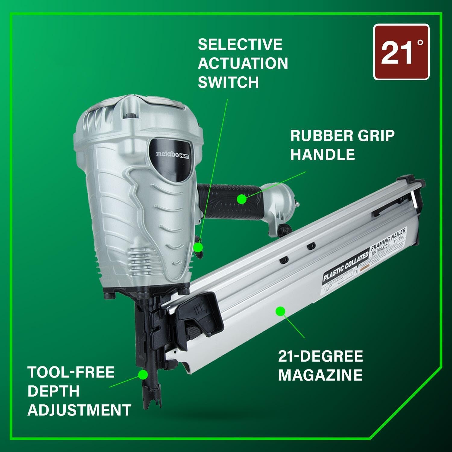 Framing Nailer, the Pro Preferred Brand of Pneumatic Nailers*, 21° Magazine, Accepts 2" to 3-1/2" Framing Nails, (NR90AES1)