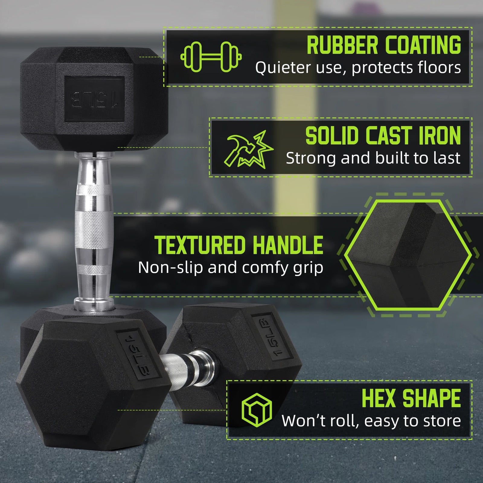 Rubber Encased Hex Dumbbell, 25Lbs, Single