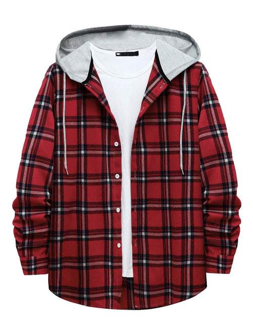 Load image into Gallery viewer, Men'S Casual Plaid Flannel Jacket with Hoodie Lightweight Fall Winter Long Sleeve Button down Plaid Flannel Hooded Shirt Red L
