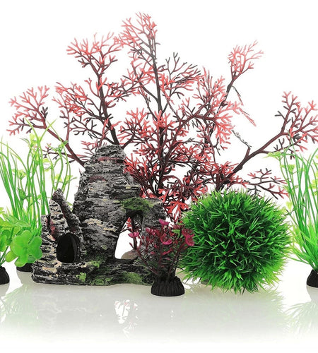 7 Pack Fish Tank Plastic Plants and Cave Rock Decorations Aquarium Decor Type Small Size