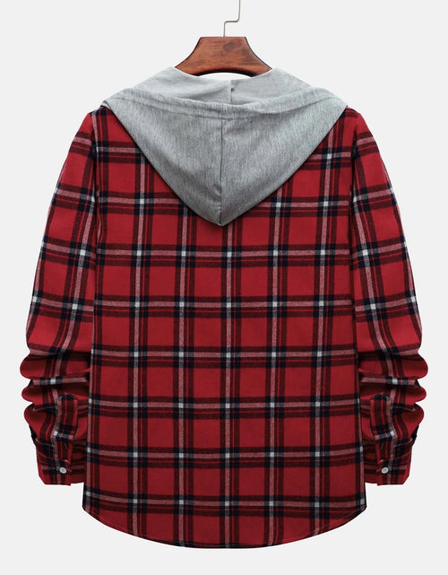 Load image into Gallery viewer, Men'S Casual Plaid Flannel Jacket with Hoodie Lightweight Fall Winter Long Sleeve Button down Plaid Flannel Hooded Shirt Red L
